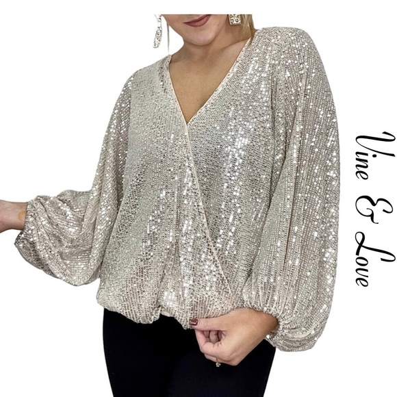 Vine & Love Tops - Vine & Love V-Neckline Sequin High and Low Balloon Sleeve Style Top